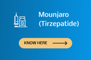 Mounjaro (Tirzepatide) is written on light blue background and know here button is available at everest clinic