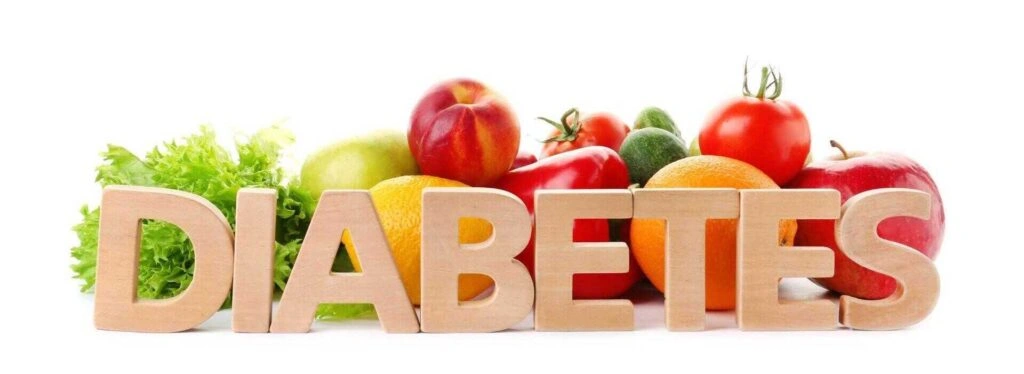 Wooden diabetes letters surrounded by healthy fruits and vegetables representing nutrition-based diabetes management in Connecticut