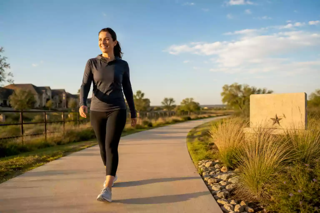 Person walking briskly on a sunny Texas trail, illustrating the importance of daily physical activity for long-term health and wellness at Everest Clinic.
