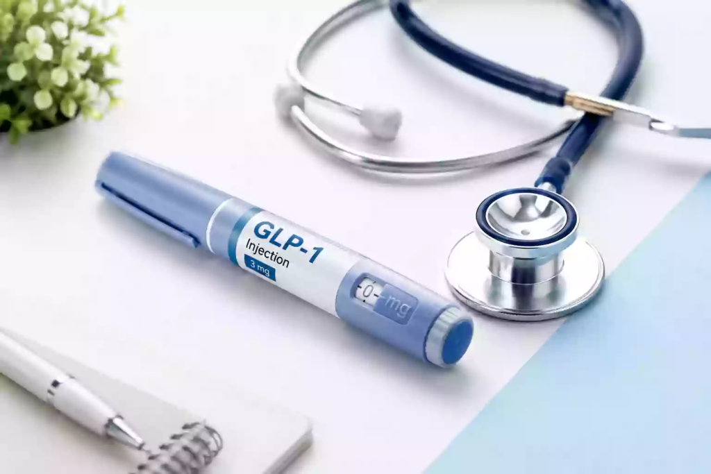 A modern, clean medical setup with a pen-injector GLP-1 medication placed alongside a stethoscope and research documents on a soft blue background.