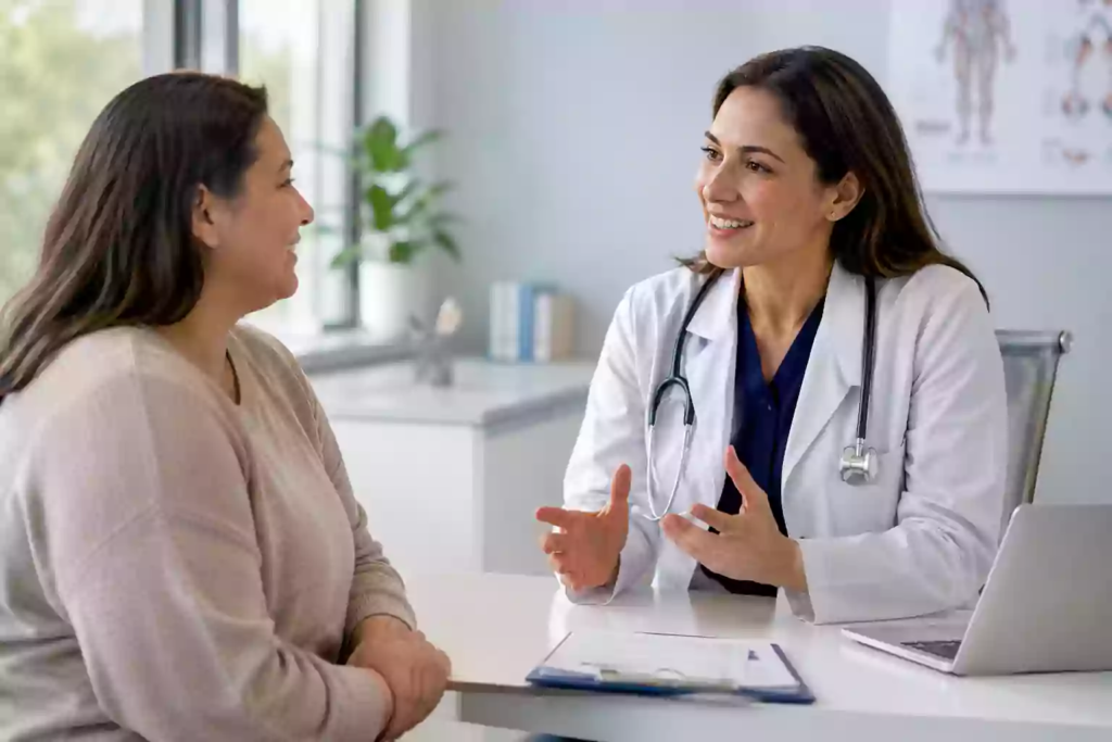 A friendly doctor having a supportive, attentive consultation with a patient in a bright, modern medical office.