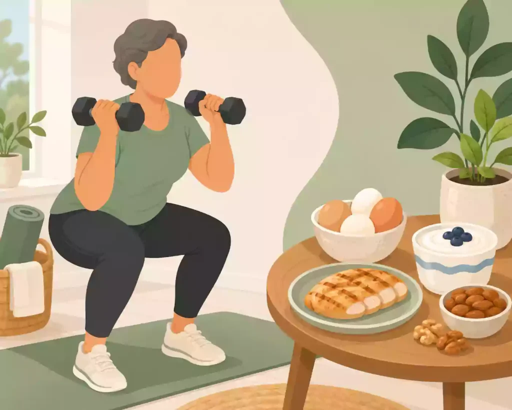 Person doing strength training exercise next to protein-rich foods like eggs, yogurt, and chicken to preserve muscle during weight loss