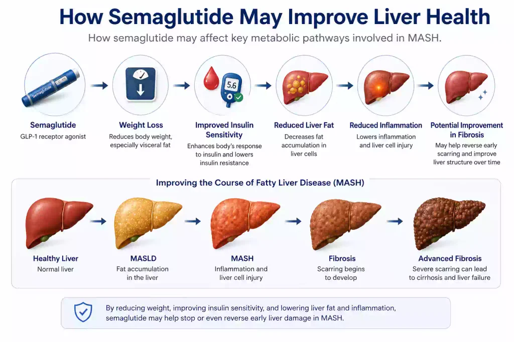 Everest eClinic medical illustration showing how semaglutide may improve liver health through weight loss, improved insulin sensitivity, reduced liver fat, reduced inflammation, and potential fibrosis improvement