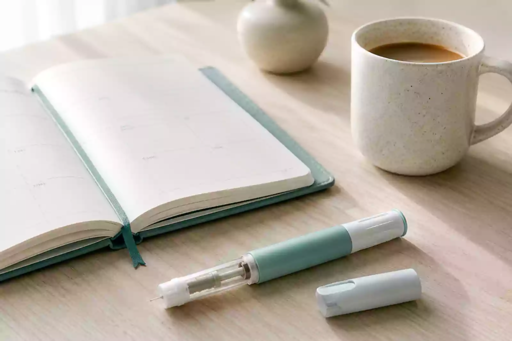 Semaglutide injection pen next to a planner, representing a structured plan for weight maintenance after stopping Ozempic