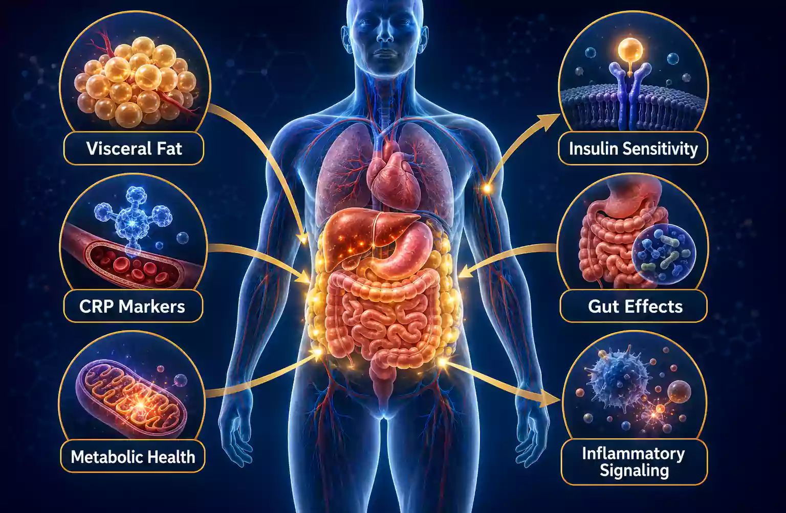 Alt Text:
Infographic by Everest eClinic illustrating how semaglutide targets visceral fat, CRP markers, insulin sensitivity, and inflammatory signaling