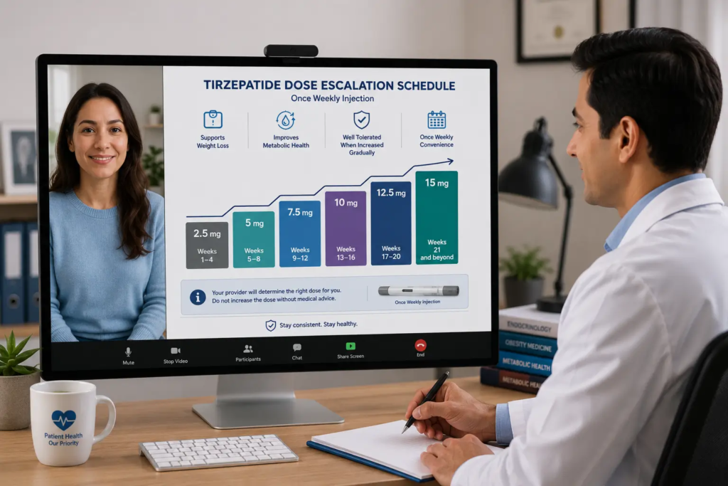 Patient discussing tirzepatide dosing with a provider during a telehealth consultation
