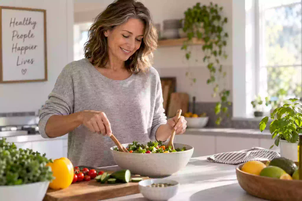 Woman in midlife managing menopause weight gain at home