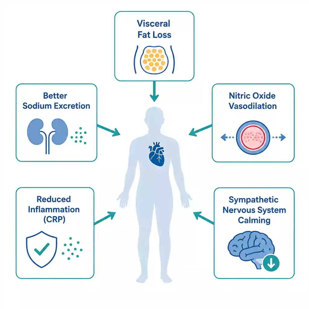 Diagram showing five ways GLP-1 medications lower blood pressure including visceral fat loss, sodium excretion, vasodilation, reduced inflammation, and nervous system effects