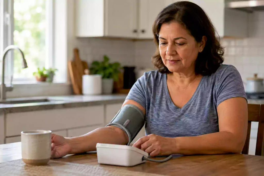 Patient checking blood pressure at home while on a GLP-1 medication weight loss program