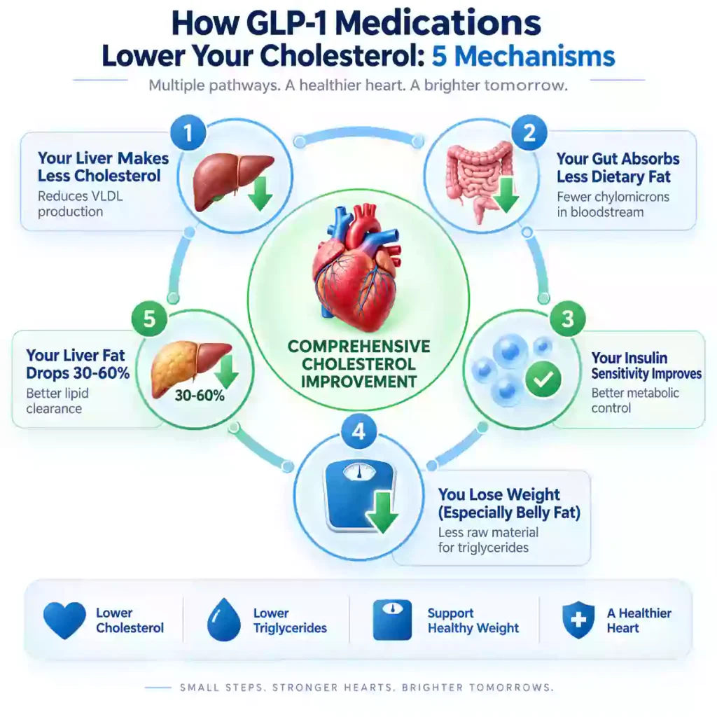 Diagram showing 5 ways GLP-1 medications lower cholesterol by Everest eClinic