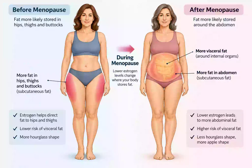Diagram showing how fat distribution shifts from hips to abdomen during menopause