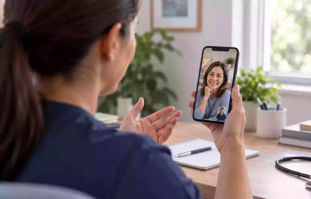 Woman on a telehealth video visit from her living room, discussing sleep apnea treatment with a nurse practitioner