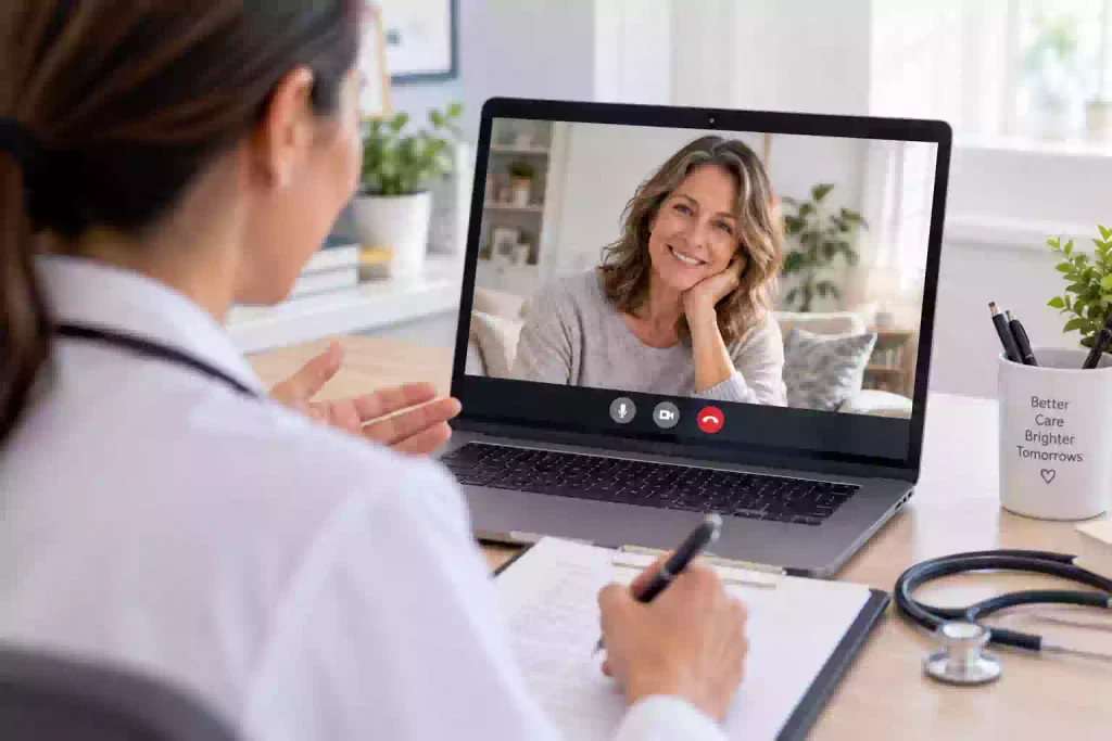 Woman having a telehealth consultation about menopause weight loss treatment