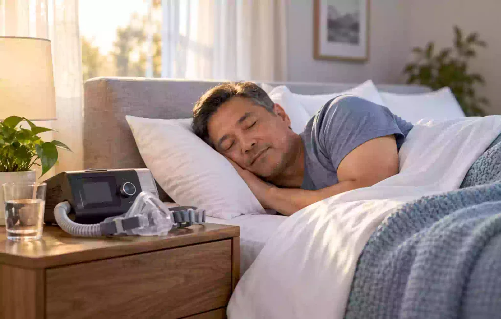 Man sleeping peacefully in bed with a CPAP machine on his nightstand for tirzepatide sleep apnea treatment by Everest eClinic