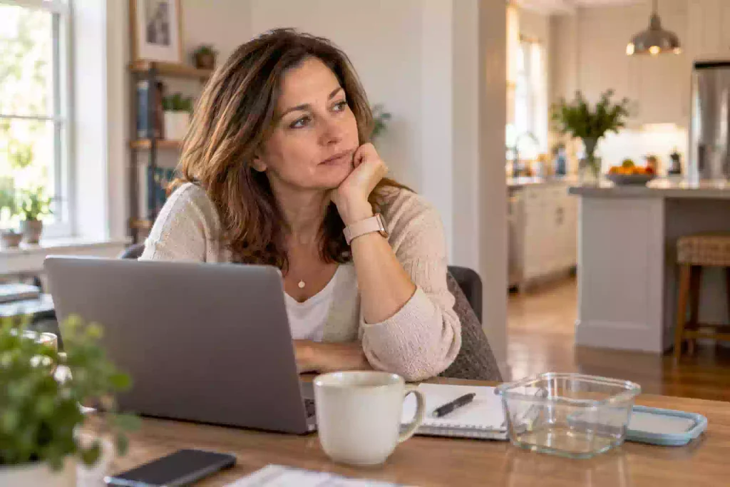 Woman at her work desk distracted by thoughts of food after lunch, a common sign of food noise