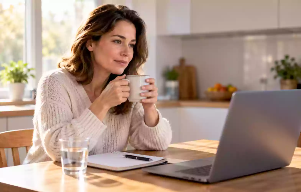 Woman in her forties reflecting during a telehealth visit about GLP-1 medications and low mood