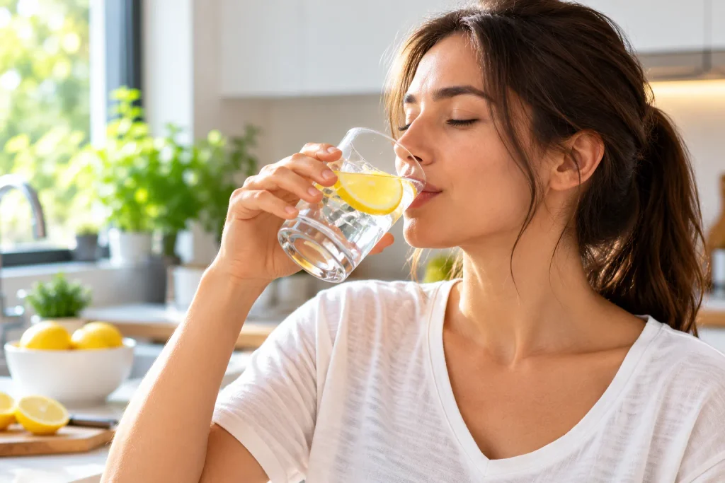 Glass of water with a lemon slice, showing a healthier swap for people cutting back on alcohol