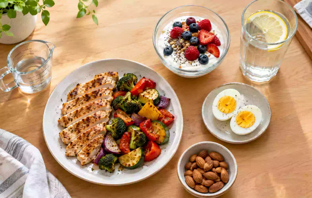 Protein-rich meal and water for patients managing low mood on GLP-1 medications