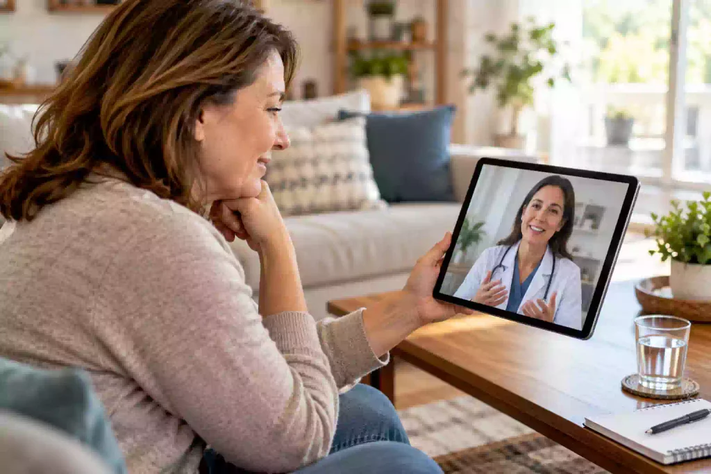Woman on a telehealth video call with a nurse practitioner discussing how to deal with food noise and GLP-1 treatment